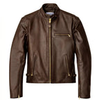 Front view of BECK brown horsehide motorcycle jacket, with brand detailing visible