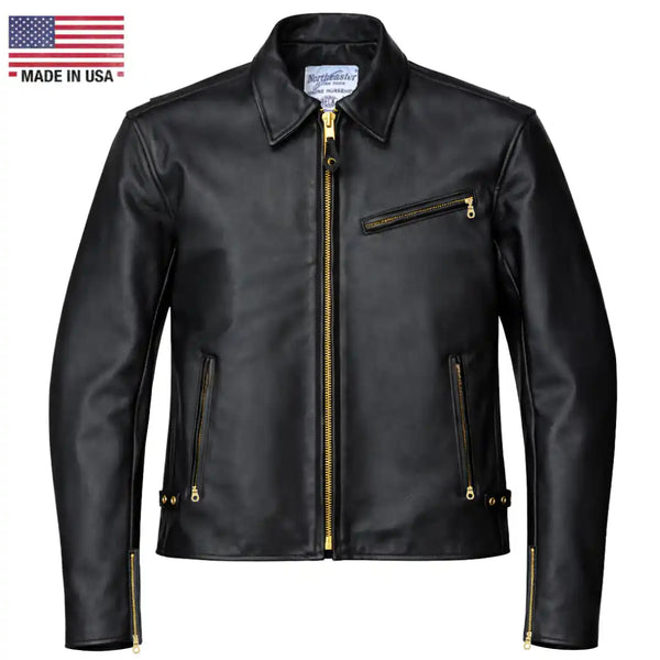 Primary view of BECK black horsehide motorcycle jacket, with brand detailing visible