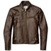 Brown leather jacket with gold zippers on a white background, featuring an American flag label.