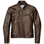 Brown leather jacket with gold zippers on a white background, featuring an American flag label.