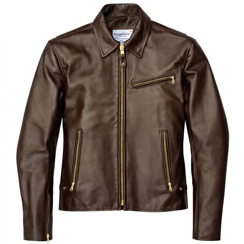 Brown leather jacket with gold zippers on a white background, featuring an American flag label.
