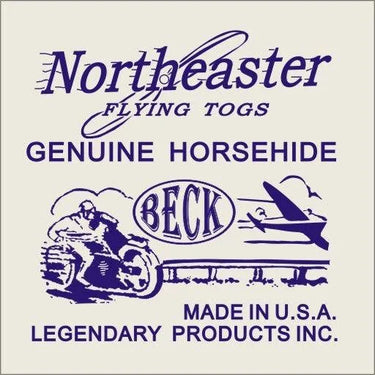 Close-up of BECK® Northeaster Flying Togs label showing Genuine Horsehide and Made in USA branding for Legendary USA products