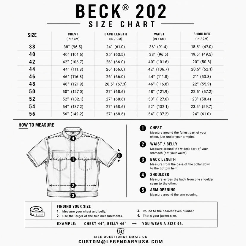 Size chart for the BECK® 202 Horsehide Leather Short Sleeve Riding Shirt with body measurements to help find your fit