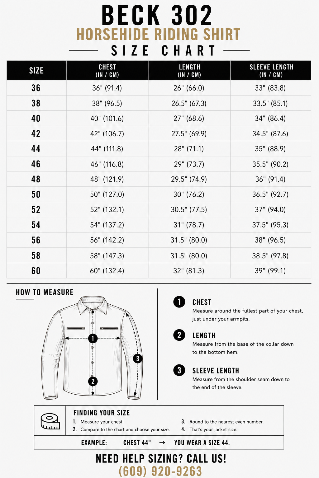 BECK® 302 Genuine Horsehide Leather Riding Shirt — size chart