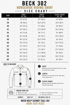 Size chart for the BECK® 302 Genuine Horsehide Leather Riding Shirt with body measurements to help find your fit made in USA