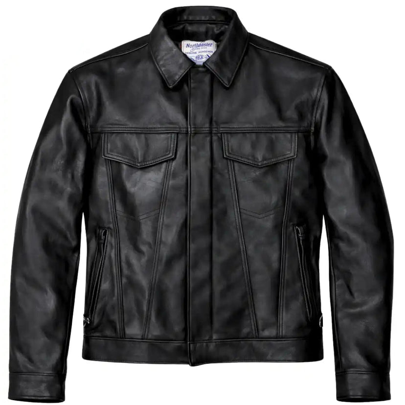 Front view of BECK trucker style horsehide motorcycle jacket, shown on plain studio background
