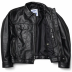 Open view of BECK trucker style horsehide motorcycle jacket, showing additional product detail