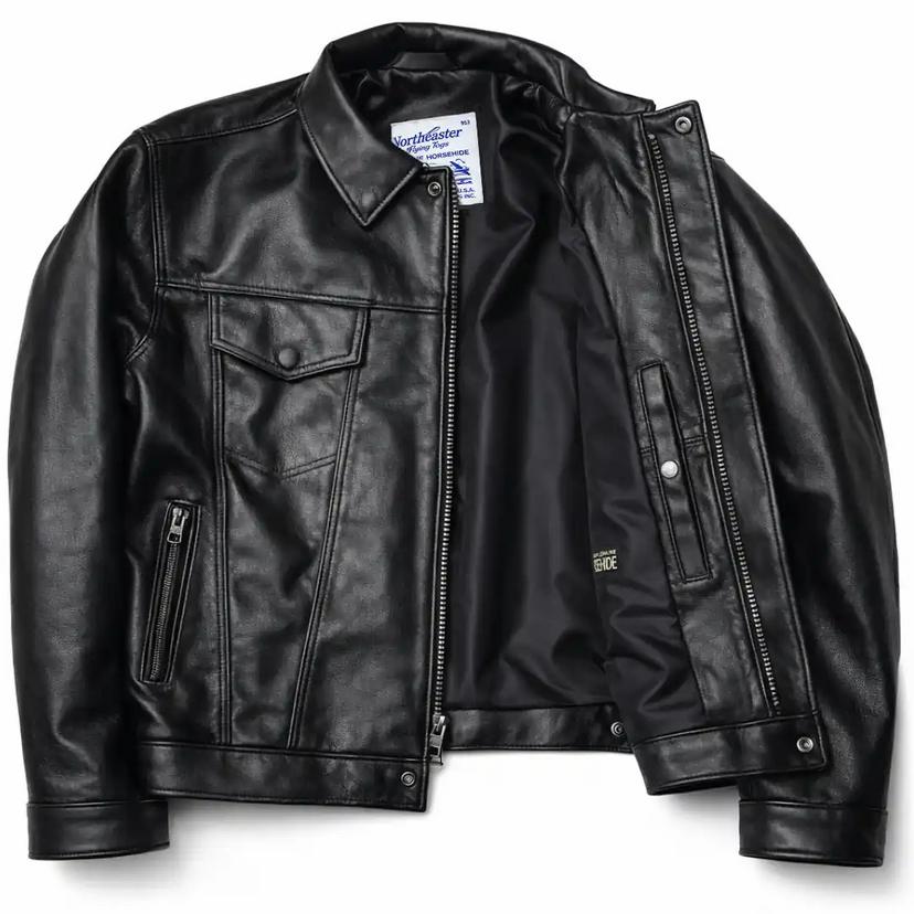 Open view of BECK trucker style horsehide motorcycle jacket, showing additional product detail