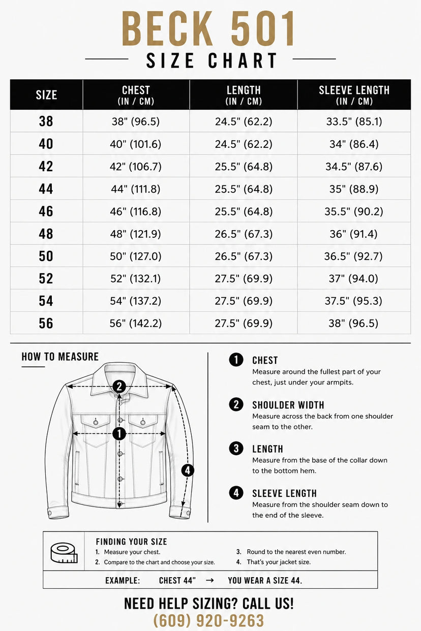 Size chart for the BECK® 501 Trucker Style Genuine Horsehide Motorcycle Jacket with body measurements to help find your fit