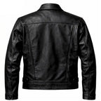 Rear angle of BECK trucker style horsehide motorcycle jacket, with closer view of trim and finish
