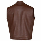 Detail view of BECK men's brown horsehide leather motorcycle vest, highlighting stitching and material grain
