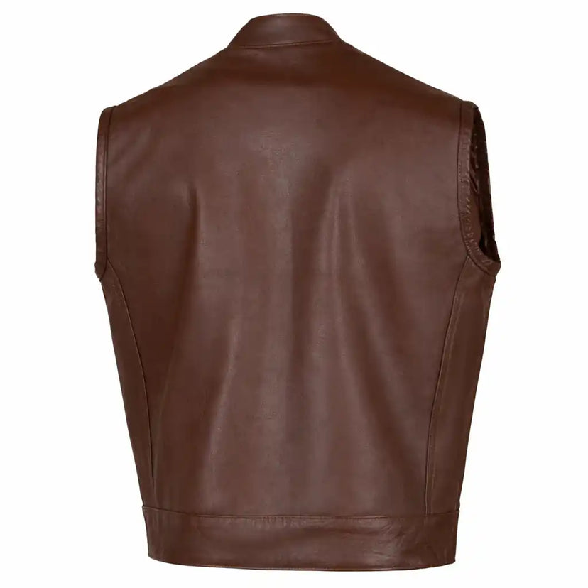 Detail view of BECK men's brown horsehide leather motorcycle vest, highlighting stitching and material grain