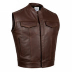 Front view showing Men's BECK brown horsehide leather motorcycle vest, shown on plain studio background