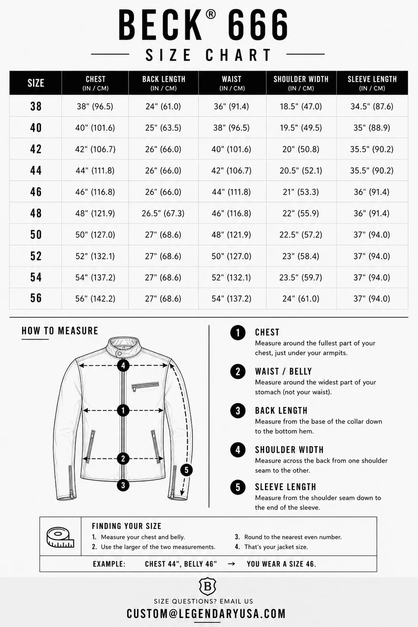 Size chart for the BECK® 666 Distressed Horsehide Leather Motorcycle Jacket with body measurements to help find your fit