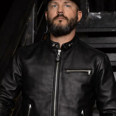 Detail view of BECK black horsehide motorcycle jacket, showing additional product detail