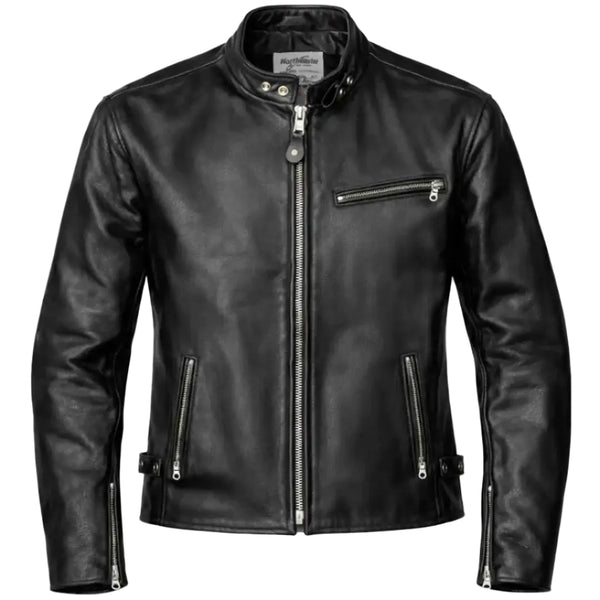 Front view showing BECK black horsehide motorcycle jacket, displayed flat for product detail