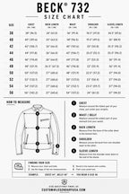 Size chart for the BECK® 732 Northeaster Flying Togs Brown Horsehide Motorcycle Jacket with body measurements to help find