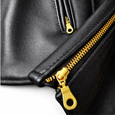 Back view of BECK black horsehide motorcycle jacket, showing detailed construction features