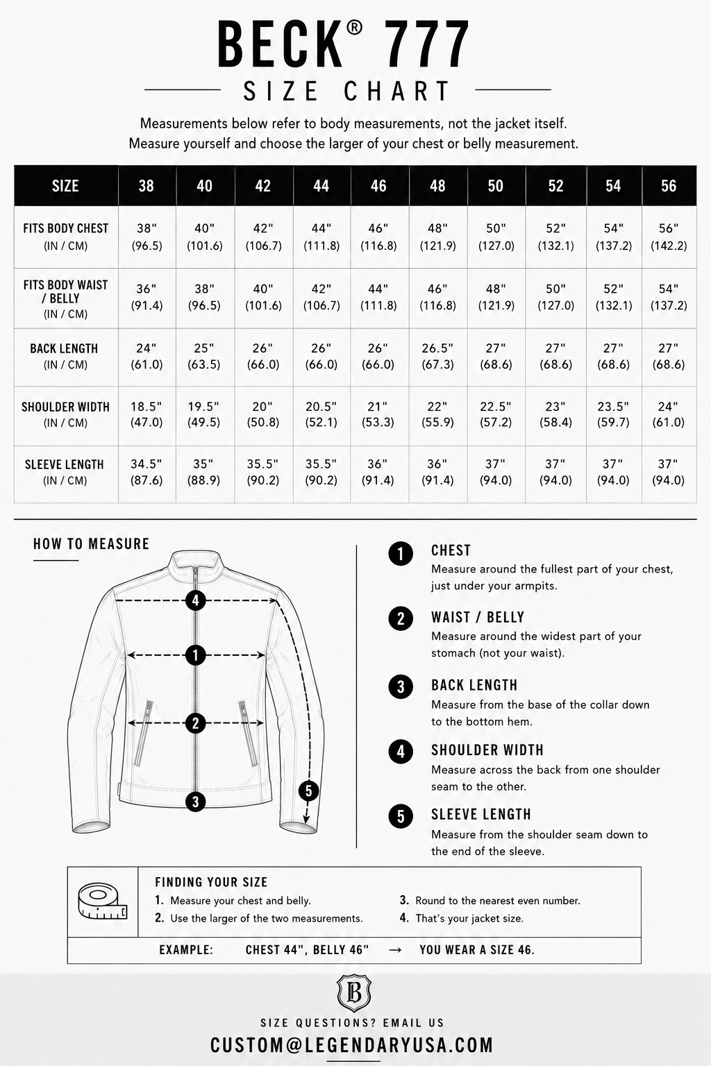 BECK® 777 Northeaster Flying Togs Black Genuine Horsehide Motorcycle Jacket — size chart