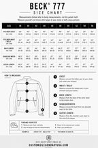 Size chart for the BECK® 777 Northeaster Flying Togs Black Genuine Horsehide Motorcycle Jacket with body measurements to help