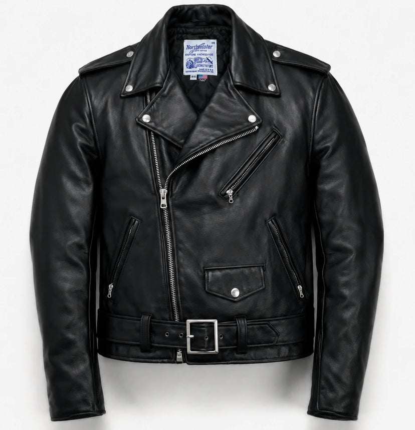 Black leather jacket on a white background