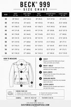 Size chart for the BECK® 999 Genuine Horsehide Leather Motorcycle Jacket with body measurements to help find your fit