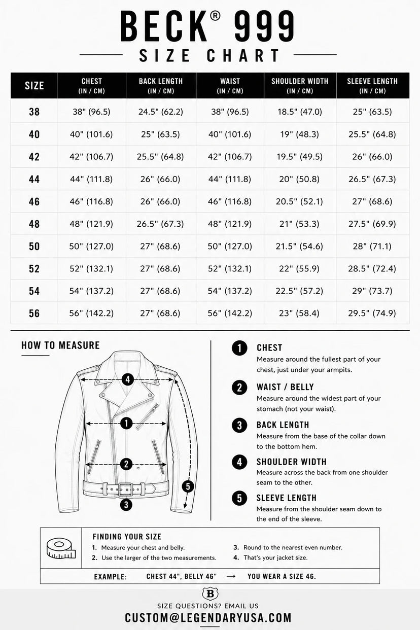 Size chart for the BECK® 999 Genuine Horsehide Leather Motorcycle Jacket with body measurements to help find your fit