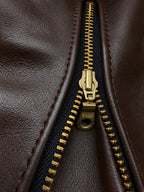 Close-up of the hardware and closures on the BECK® 777 Northeaster Flying Togs Brown Genuine Horsehide Motorcycle Jacket