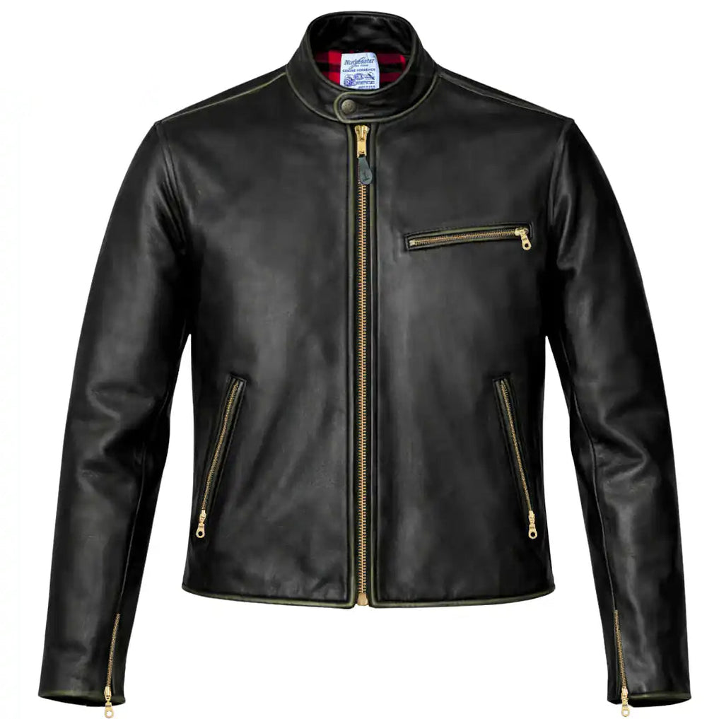 Front view showing BECK distressed horsehide leather motorcycle jacket, displayed flat for product detail
