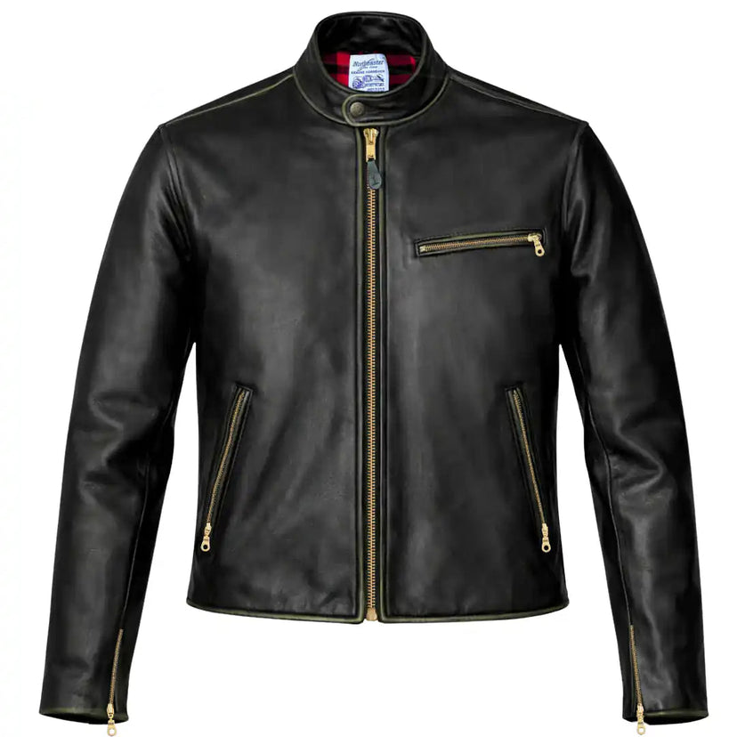 Front view showing BECK distressed horsehide leather motorcycle jacket, displayed flat for product detail