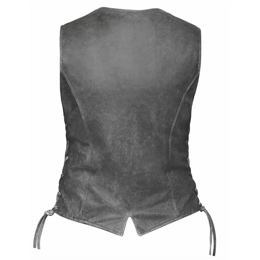 Detail view of Bessie women's gray leather motorcycle vest, highlighting construction detail