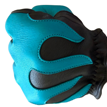 Legendary 'Spitfire' Black/Neon Blue Flame Deerskin Short Wrist Touchscreen Motorcycle Gloves
