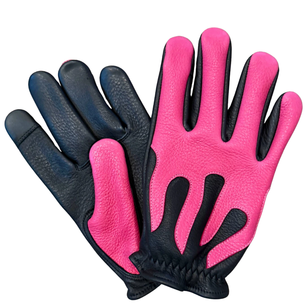 Spitfire Black/Neon Pink Gloves in black deerskin made in USA, a motorcycle glove