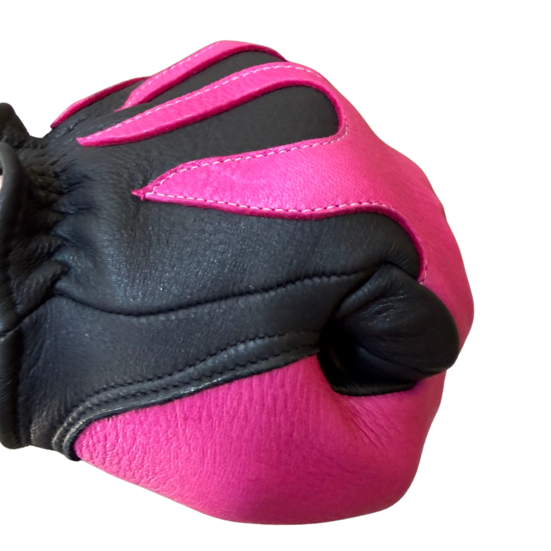 Legendary 'Spitfire' Black/Neon Pink Deerskin Short Wrist Touchscreen Motorcycle Gloves