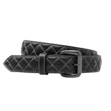 Black 1.5-inch leather belt with white diamond stitching and durable buckle, Made in USA