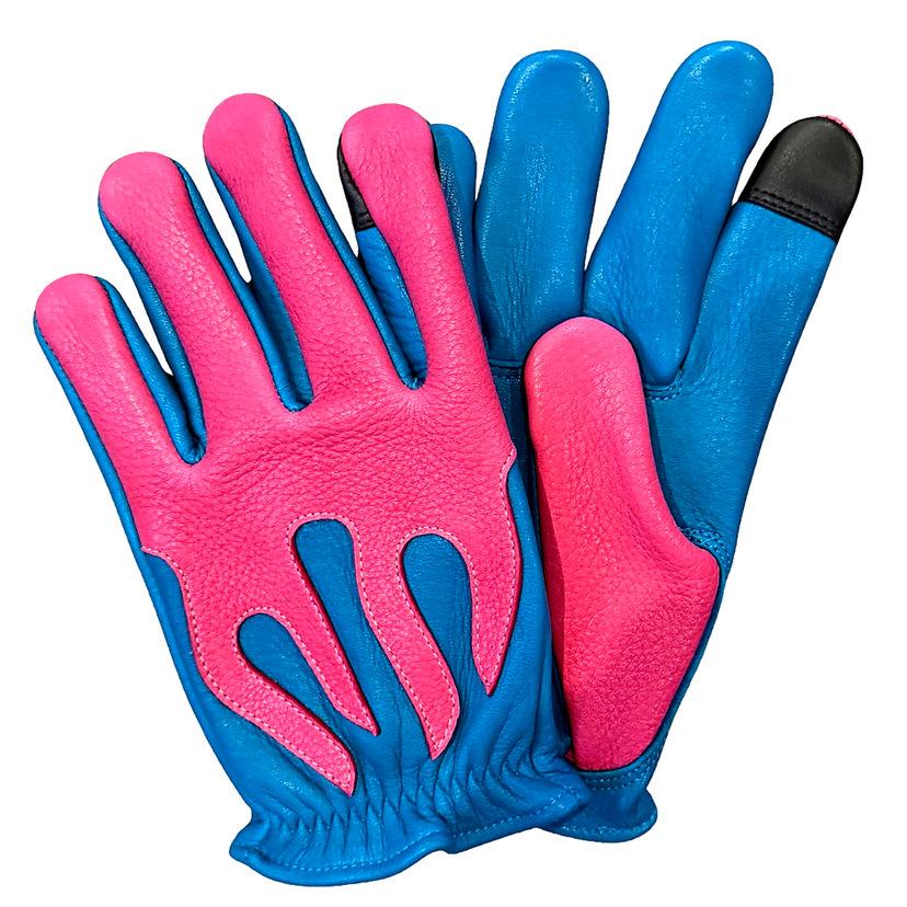 Legendary 'Spitfire' Neon Blue/Neon Pink Deerskin Short Wrist Touchscreen Motorcycle Gloves