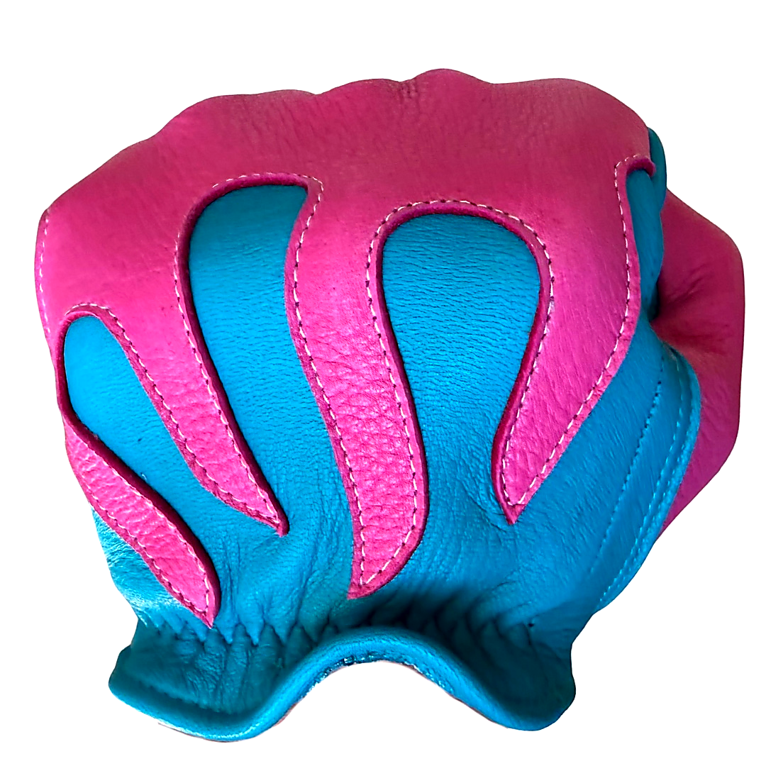 Legendary 'Spitfire' Neon Blue/Neon Pink Deerskin Short Wrist Touchscreen Motorcycle Gloves