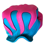 Spitfire Neon Blue/Pink Gloves back view showing the blue deerskin panel made in USA