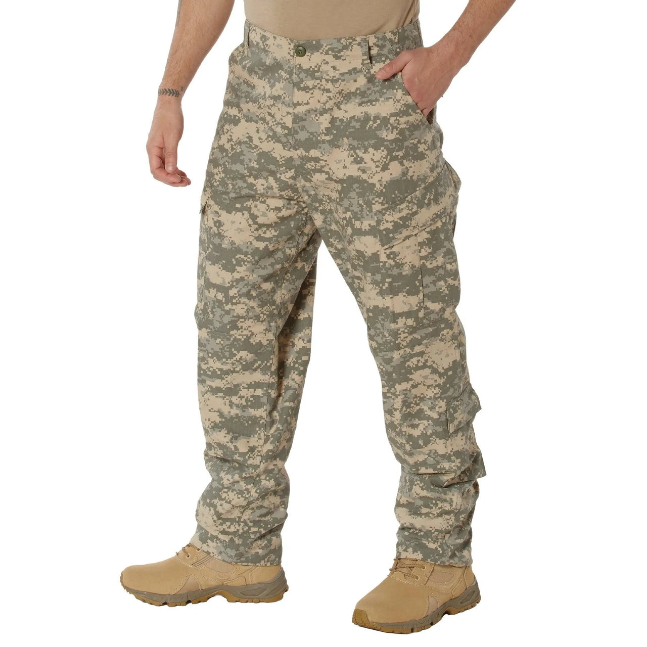 Back view of Camo Combat Uniform Pants by Rothco, highlighting back construction