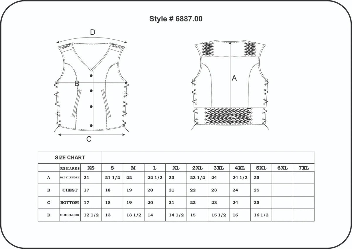 Candy Women's Premium Leather Vest — size chart