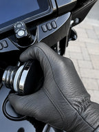 Classic Short Wrist Touchscreen Deerskin Gloves shown in a riding setting made in USA — view 3 of 8