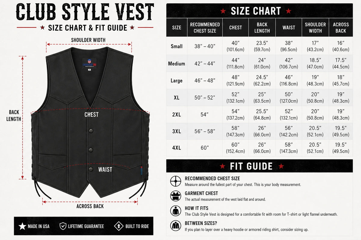 Legendary Men's Leather Club Motorcycle Vest — size chart