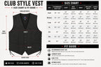 Size chart for the Legendary Men's Leather Club Motorcycle Vest with body measurements to help find your fit made in USA