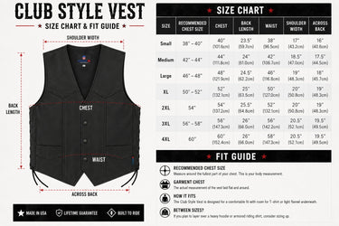 Size chart for the Legendary Men's Leather Club Motorcycle Vest with body measurements to help find your fit made in USA