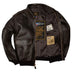 Alternate open view of Cockpit USA Men's 100 Mission A-2 flight jacket showing interior tags and lining