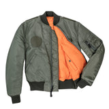 Inside view of Cockpit USA Airstrike MA-1 jacket showing bright orange lining and interior label