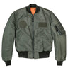 Front view of Cockpit USA Airstrike MA-1 Nylon Flight Jacket in sage green with Velcro patch areas and utility sleeve pocket