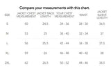 Sizing chart for Cockpit USA Airstrike MA-1 Nylon Flight Jacket with chest, back, and sleeve measurements