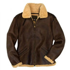 Front view of Cockpit USA Men's B-6 Shearling Bomber Jacket with tan lining and brown leather exterior made in USA