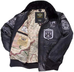 Interior of Cockpit USA Men's Bogard G-1 Jacket showing WWII escape map lining and multiple Cockpit USA labels
